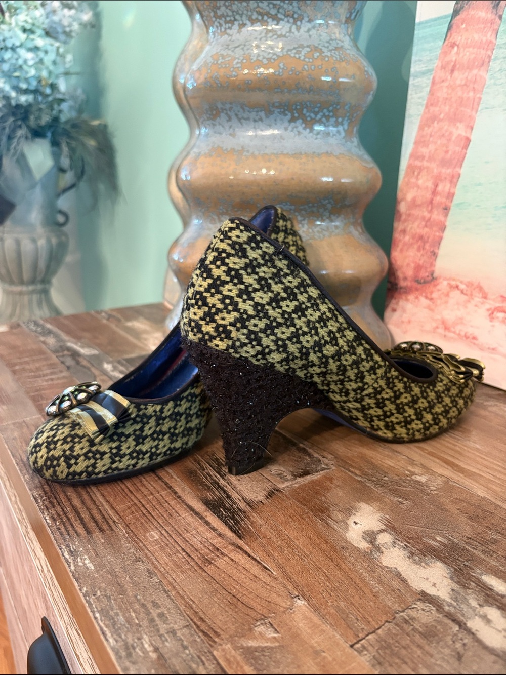 Poetic License Yellow-Green Patterned Mid Heel Pumps with Decorative Buckle - Picture 3 of 11